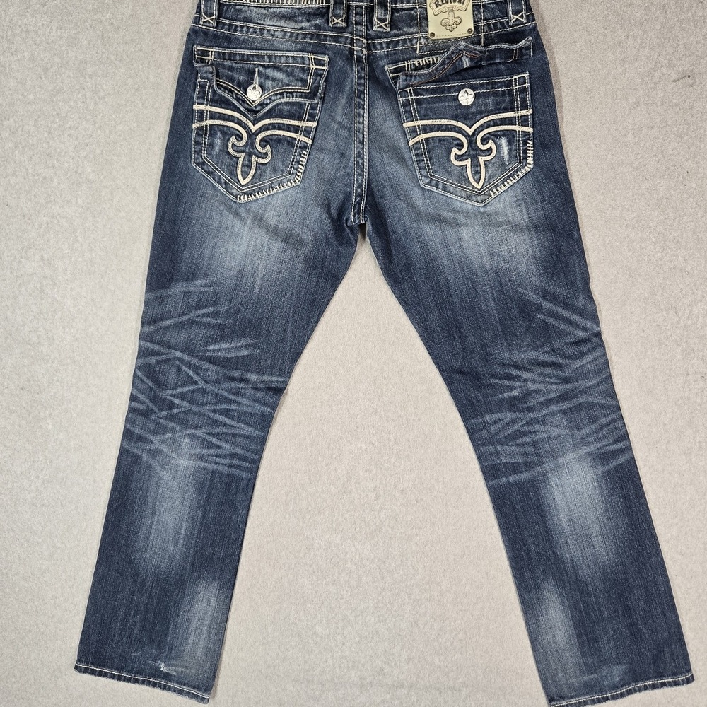 Rock Revival Men Jeans 32 Blue Denim Steven Straight Distressed Whiskers Grunge